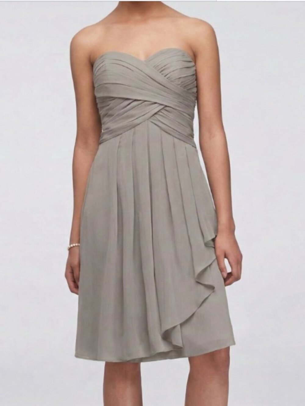 David’s Bridal Gray Strapless Sweetheart Ruched Asymmetrical Chiffon Bridesmaid